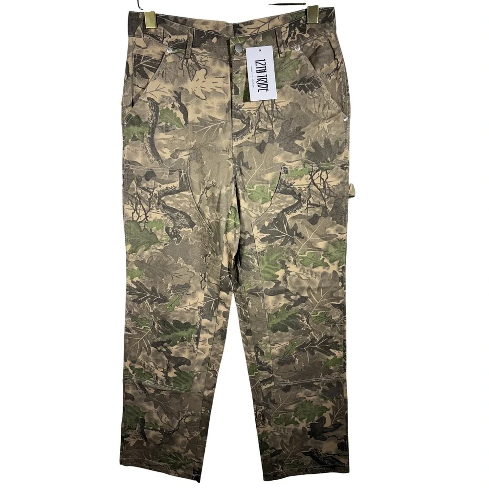 12th Tribe Camo Carpenter Pants Green Brown Forest Camouflage Utility NWT - Picture 3 of 12